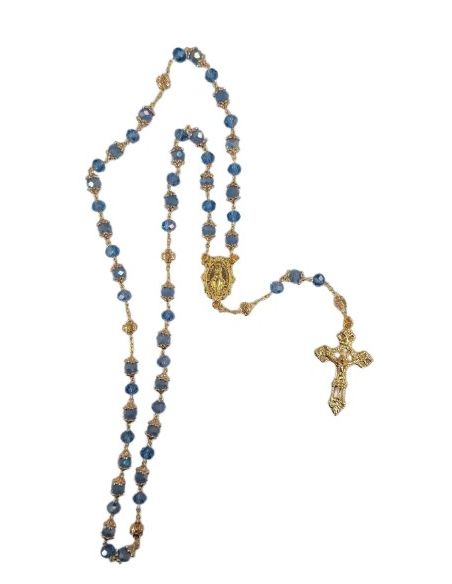 Rosario cristal cruces copeta dorado 6x4 color celeste