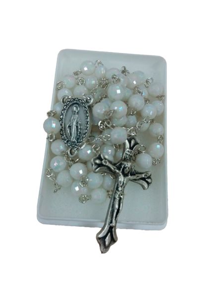 Rosario Blanco Plast. Irisado Milagrosa Metal C/Caja