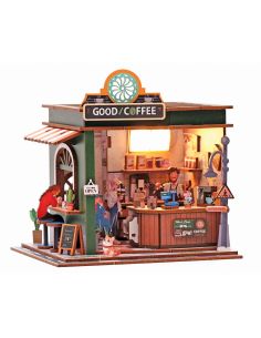 Maqueta madera 3d coffee shop con luz