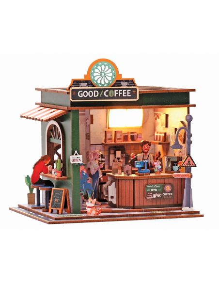 Maqueta madera 3d coffee shop con luz