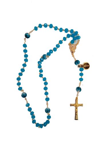 Rosario dorado cristal celeste metalizado 8x6 c/shambala turquesa con caja
