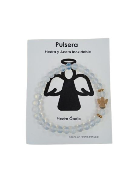 Brazalete angel dorado acero inoxidable piedras ópalo blanco