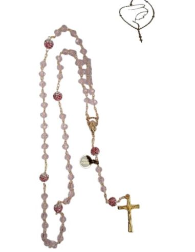 Rosario dorado cristal rosa metalizado 8x6 c/shambala rosa con caja