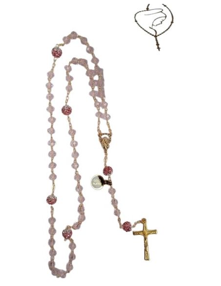 Rosario dorado cristal rosa metalizado 8x6 c/shambala rosa con caja