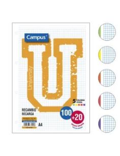 Recambio Campus A4 100 + 20 Hojas 90G Cuadrícula 5 Mm Bandas Colores Vivos