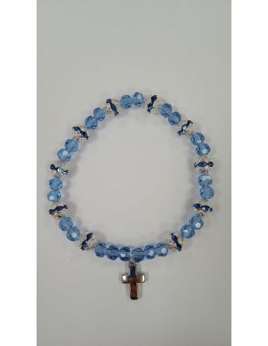Brazalete Bola 8Mm Cristales c/ Cruz color Azul Celeste