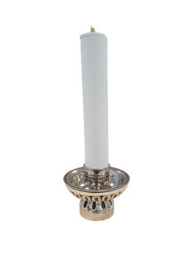 Conjunto Velón cera líquida 5x25cm + candelabro acero niquel 7,5 alto x 14 cm.