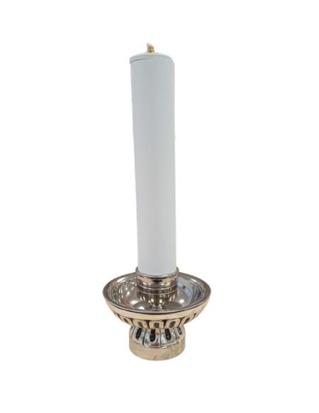 Conjunto Velón cera líquida 5x25cm + candelabro acero niquel 7,5 alto x 14 cm.
