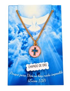 Collar Cruz redonda esmalte baño oro 12mm baño rosa c/cadena acero
