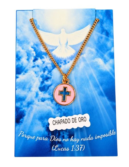 Collar Cruz redonda esmalte baño oro 12mm baño rosa c/cadena acero