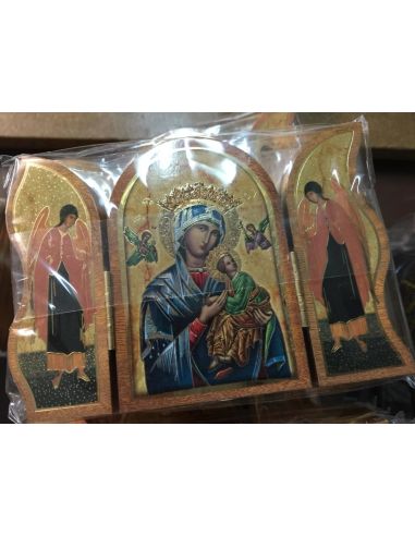 Triptico Madera Oro 6X9Cm Icono P.Socorro Azul