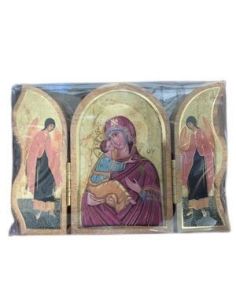 Triptico Madera Oro 6X9Cm Icono Virgen Manto Rojo