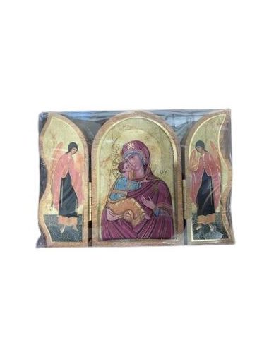 Triptico Madera Oro 6X9Cm Icono Virgen Manto Rojo