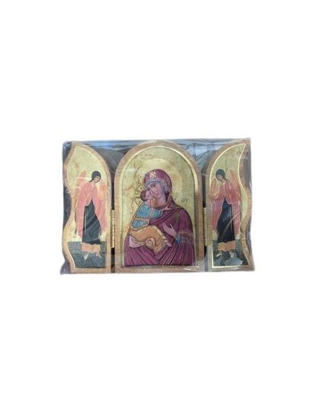 Triptico Madera Oro 6X9Cm Icono Virgen Manto Rojo