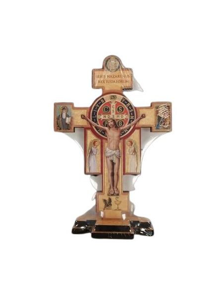 Cruz San Benito Base Madera Dorados 11X16Cm