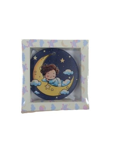 Medalla Cuna Resina 7Cm Angel Con Luna Fondo Azul