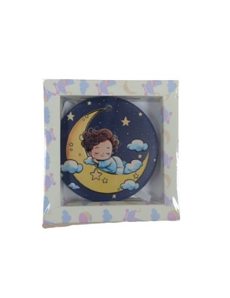 Medalla Cuna Resina 7Cm Angel Con Luna Fondo Azul