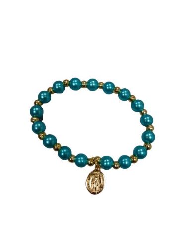 Brazalete Perlas Plast Dorada Medalla Milagrosa Celeste