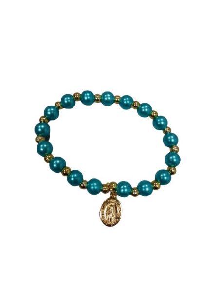 Brazalete Perlas Plast Dorada Medalla Milagrosa Celeste