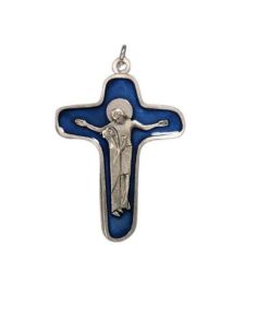 Cruz Schoenstatt Metal Esmalte Azul Cristo Con Virgen 47Mm