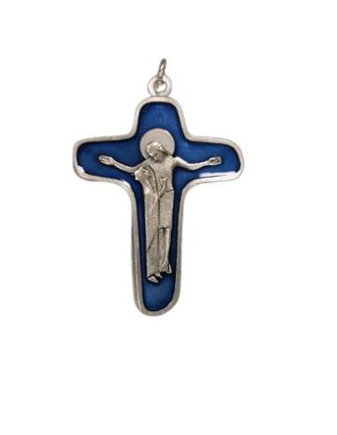 Cruz Schoenstatt Metal Esmalte Azul Cristo Con Virgen 47Mm