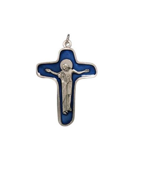 Cruz Schoenstatt Metal Esmalte Azul Cristo Con Virgen 47Mm