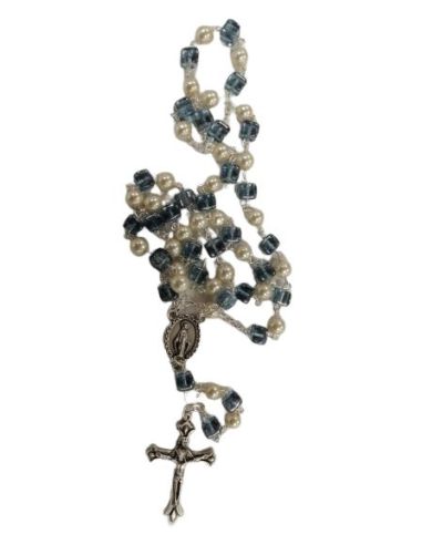 Rosario Cristal Azul + Simil Perlas