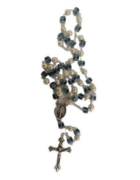 Rosario Cristal Azul + Simil Perlas