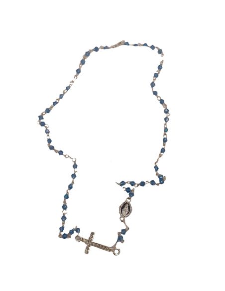 Collar Rosario Cristal 3Mm Azul Cruz Medio