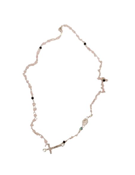 Collar Rosario Cristal 3Mm Rosa Cruz Medio