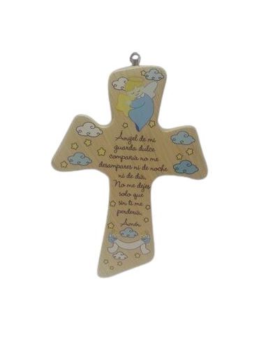 Cruz Madera 21X15Cm Angel Guarda Azul