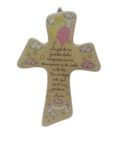 Cruz Madera 21X15Cm Angel Guarda Rosa