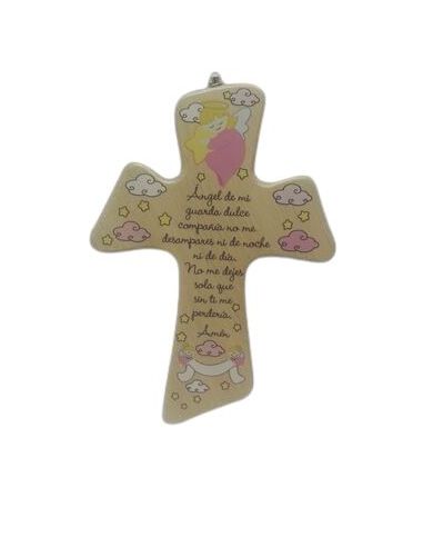 Cruz Madera 21X15Cm Angel Guarda Rosa