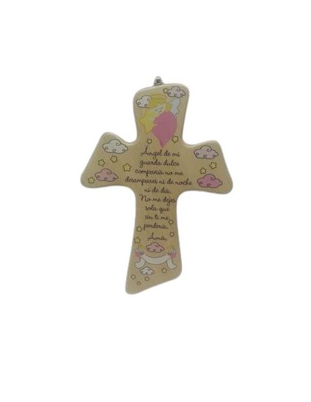 Cruz Madera 21X15Cm Angel Guarda Rosa