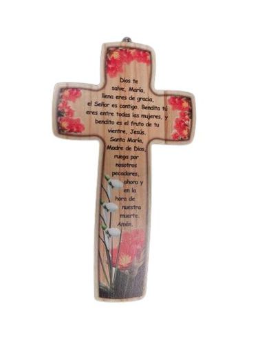 Cruz Madera 14X25 Flores Naranjas Ave Maria