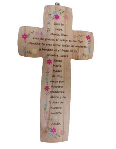 Cruz Madera 14X25 Flores Lilas Ave Maria