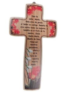 Cruz Madera 14X25 Flores Naranjas Padre Nuestro
