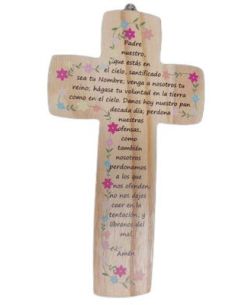 Cruz Madera 14X25 Flores Lilas Padre Nuestro