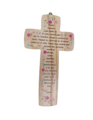 Cruz Madera 14X25 Flores Lilas Padre Nuestro