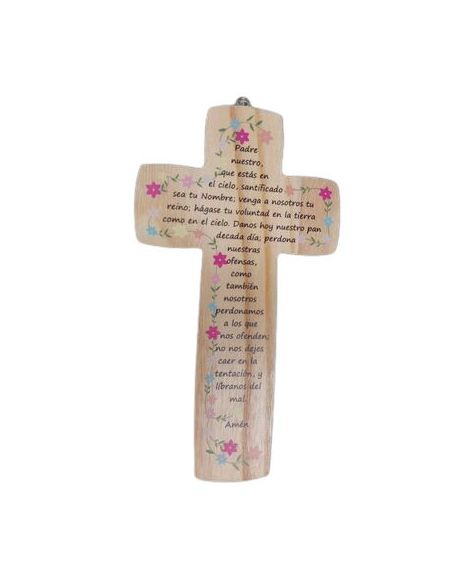 Cruz Madera 14X25 Flores Lilas Padre Nuestro