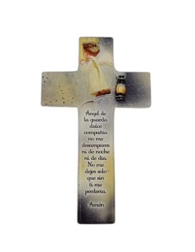 Cruz Madera Blanca  Angel De La Guarda 15X9Cm