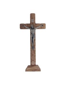 Cruz Olivo Labrado 20Cm Cristo Metal C/Base