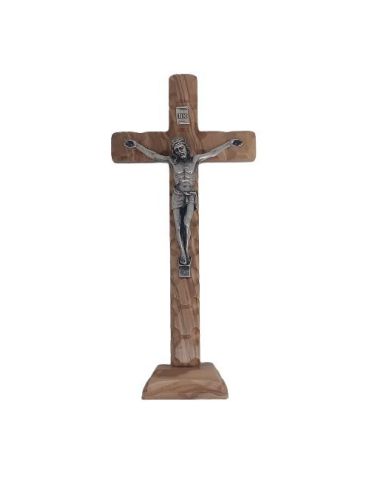 Cruz Olivo Labrado 20Cm Cristo Metal C/Base