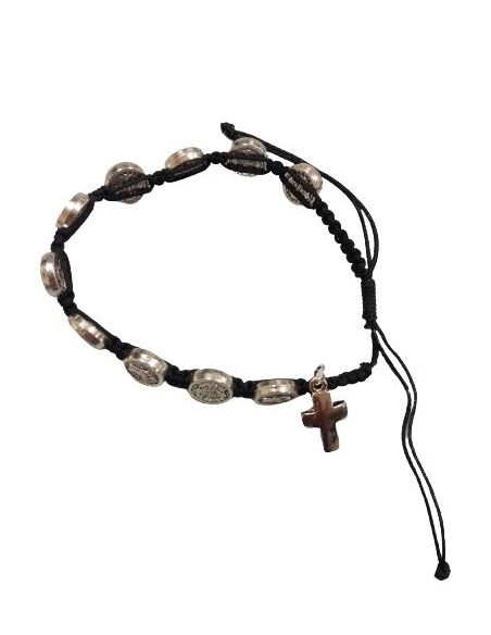 Brazalete Metal San Benito Con Cruz Cuerda Negra