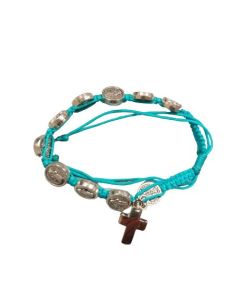 Brazalete Metal San Benito Con Cruz Cuerda Turquesa