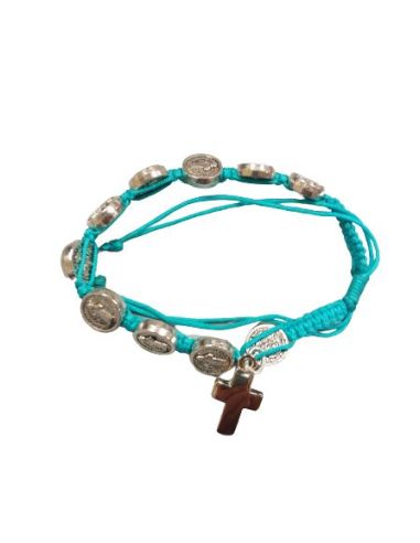 Brazalete Metal San Benito Con Cruz Cuerda Turquesa