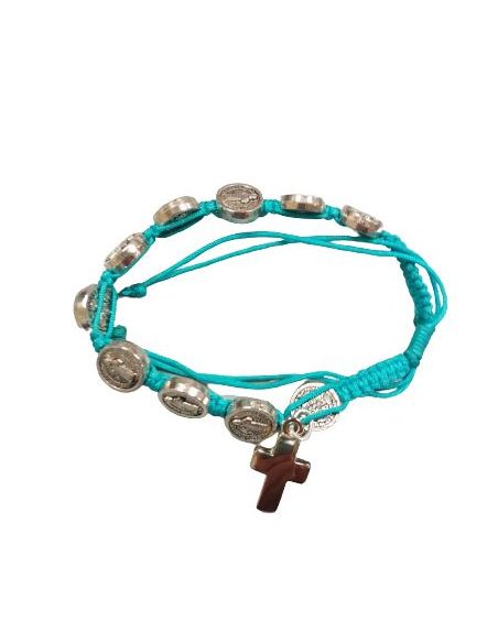 Brazalete Metal San Benito Con Cruz Cuerda Turquesa