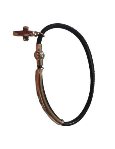 Pulsera Metal C/ Cruz Corazones Broche Iman Cuero Negro