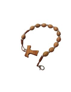 Pulsera cuerda madera olivo metal cruz tau