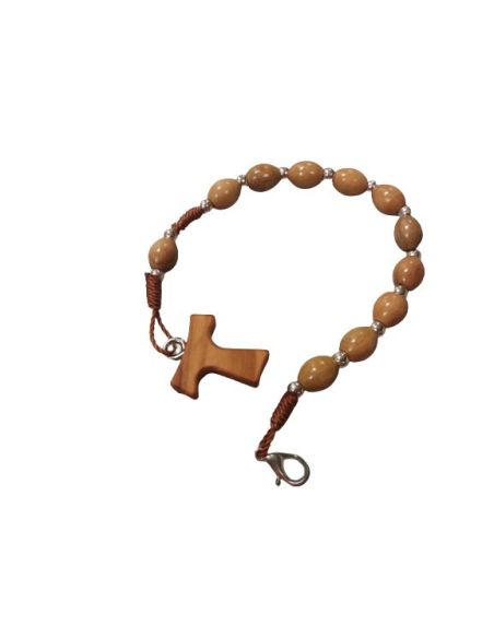 Pulsera cuerda madera olivo metal cruz tau